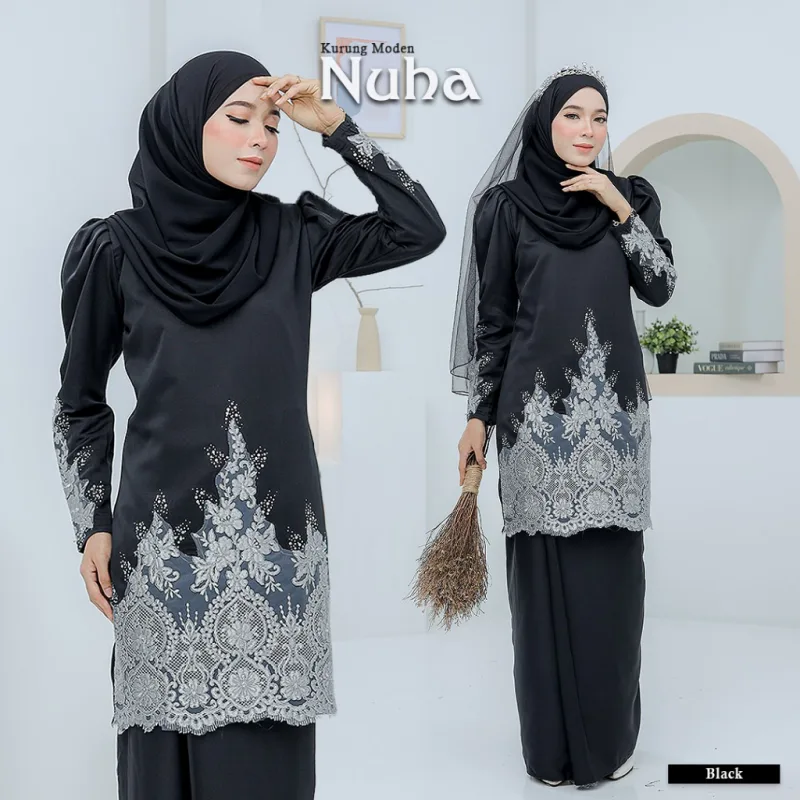 BAJU KURUNG MODEN Bridal Set NUHA In BLACK | Full set 7 Item | Tunang | Nikah | BAJU KURUNG LACEBY MOFF2U thumbnail 2