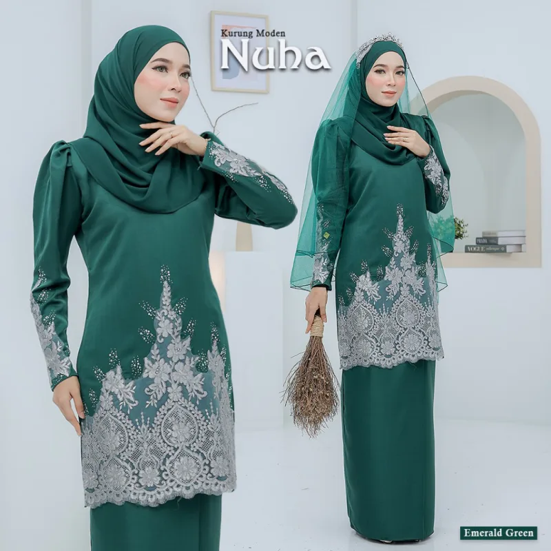 BAJU KURUNG MODEN Bridal Set NUHA In EMERALD GREEN | Full set 7 Item | Tunang | Nikah | BAJU KURUNG LACEBY MOFF2U thumbnail 2