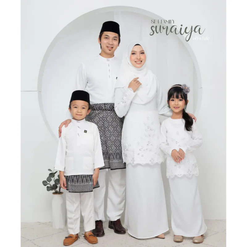 SET FAMILY BAJU KURUNG SURAIYA BAJU MELAYU WARNA OFF WHITE RAYA 2024 | BAJU KURUNG LACE BY MOFF2u