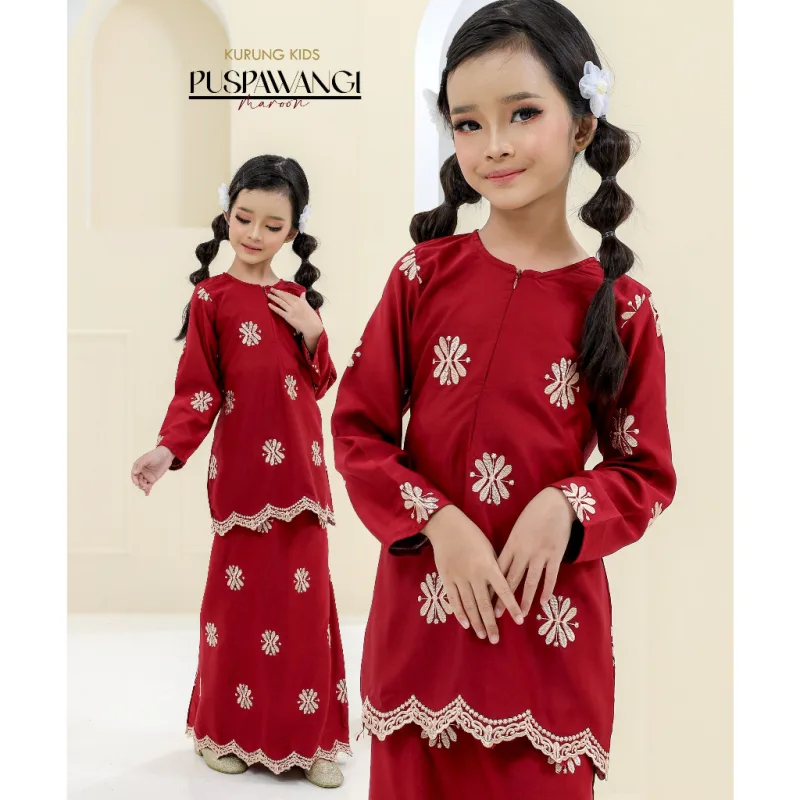 SET FAMILY BAJU KURUNG PUSPAWANGI BUNGA BAJU MELAYU WARNA MAROON RAYA 2023 | BAJU KURUNG BY MOFF2u thumbnail 2