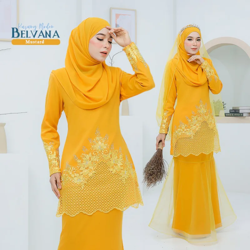 BAJU KURUNG MODEN Bridal Set Belvana In MUSTARD | Full set 7 Item | Tunang | Nikah | BAJU KURUNG LACEBY MOFF2U thumbnail 2