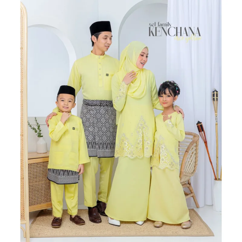 FULL SET FAMILY BAJU KRUNG KENCHANA | RAYA SEDONDON | BAJU KURUNG MODEN | KURUNG YELLOW | BAJU RAYA 2023 | BY MOFF2U