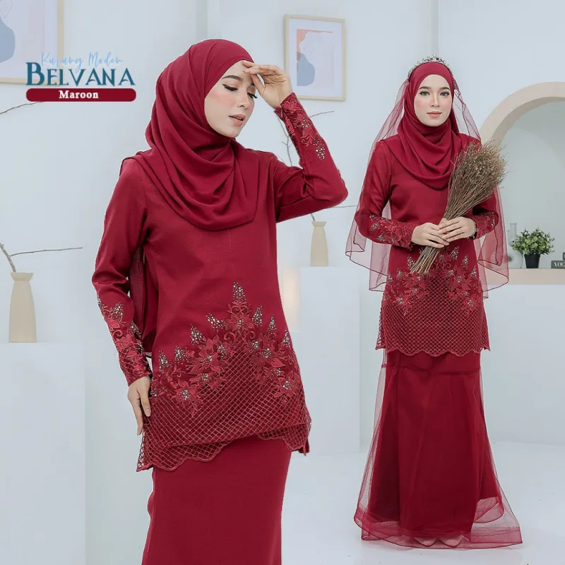 BAJU KURUNG MODEN Bridal Set Belvana In MAROON | Full set 7 Item | Tunang | Nikah | BAJU KURUNG LACEBY MOFF2U thumbnail 2