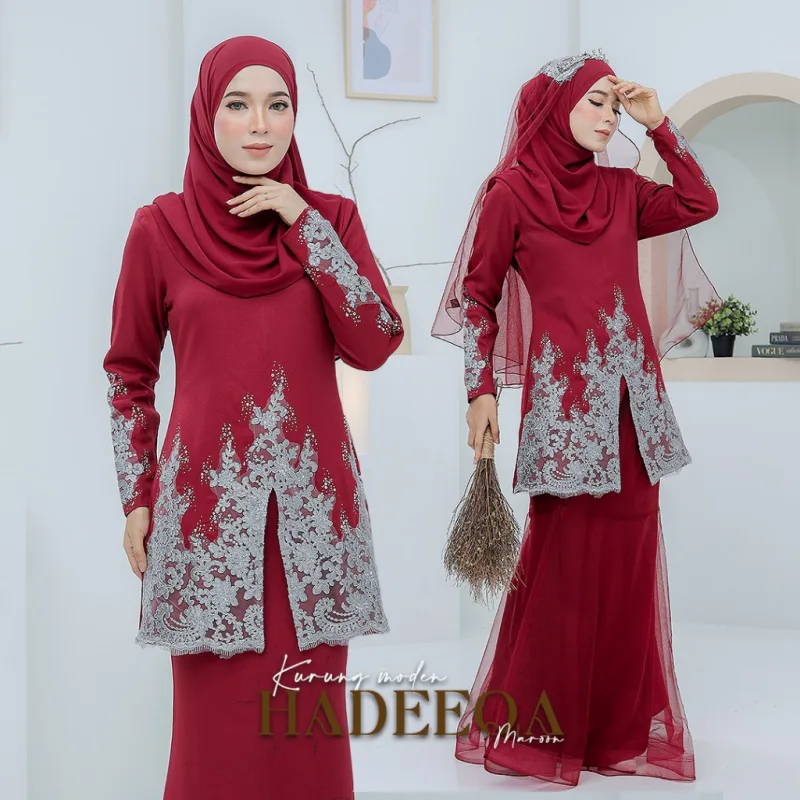 BAJU KURUNG MODEN Bridal Set Hadeeqa In MAROON | Full set 7 Item | Tunang | Nikah | BAJU KURUNG LACEBY MOFF2U thumbnail 3