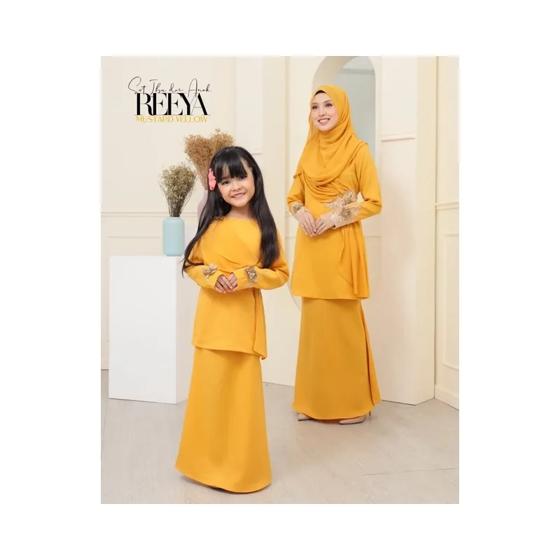 FULL SET FAMILY BAJU KURUNG REEYA MUSTARD | BAJU KURUNG MODEN LACE | SET FAMILY KURUNG RAYA thumbnail 3