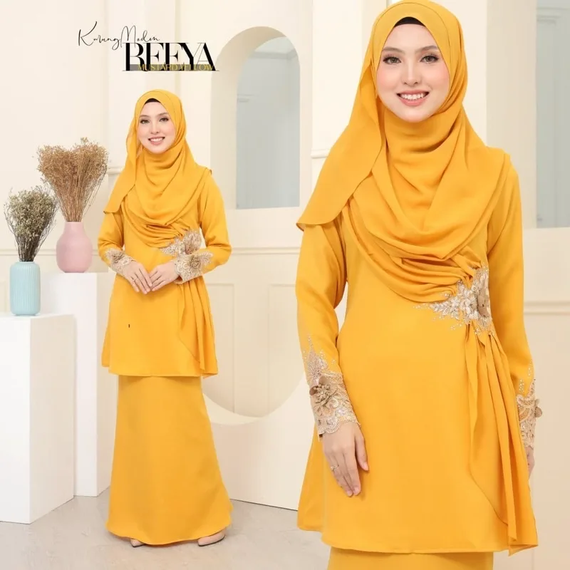 FULL SET FAMILY BAJU KURUNG REEYA MUSTARD | BAJU KURUNG MODEN LACE | SET FAMILY KURUNG RAYA thumbnail 5