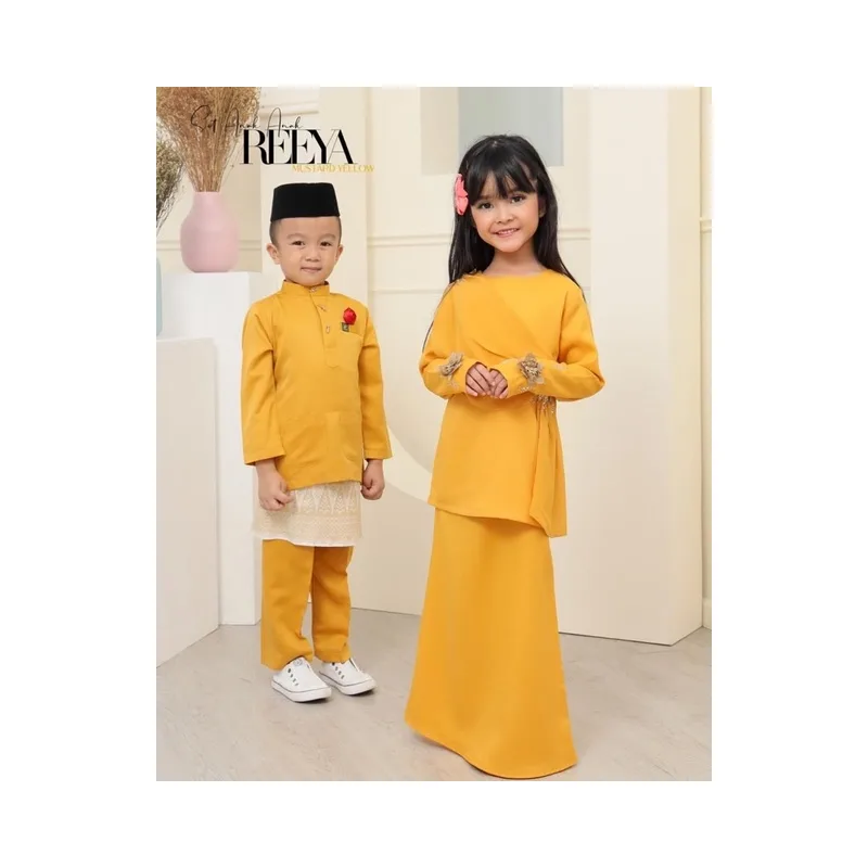 FULL SET FAMILY BAJU KURUNG REEYA MUSTARD | BAJU KURUNG MODEN LACE | SET FAMILY KURUNG RAYA thumbnail 4