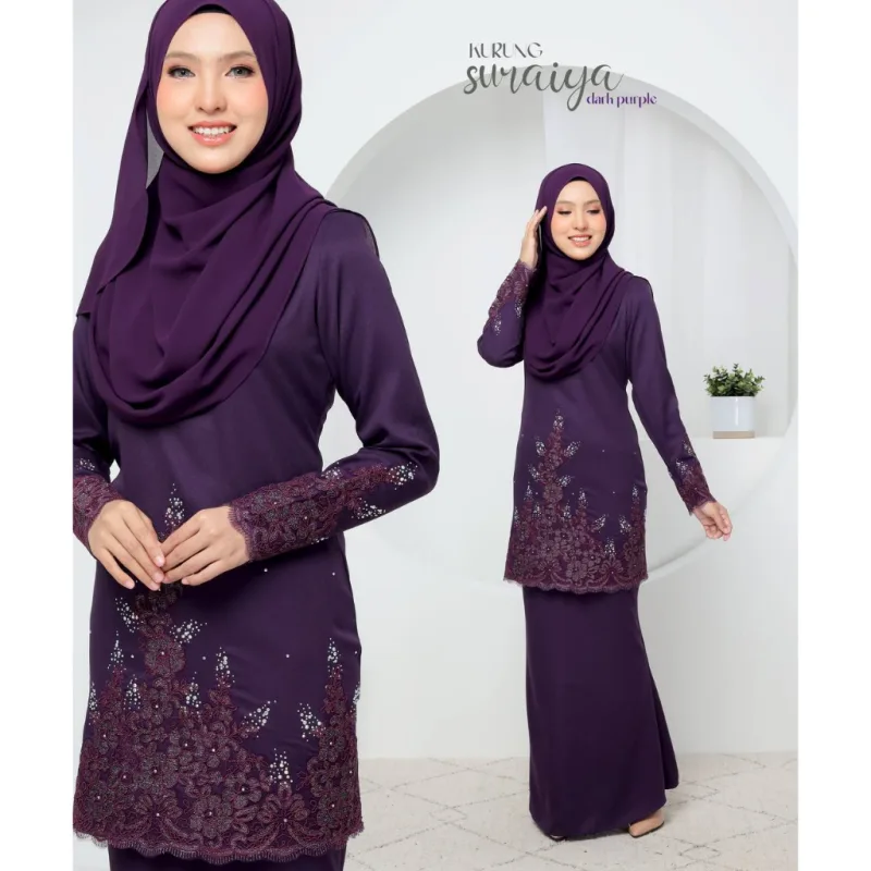 SET FAMILY BAJU KURUNG SURAIYA BAJU MELAYU WARNA DARK PURPLE RAYA 2024 | BAJU KURUNG LACE BY MOFF2u thumbnail 3