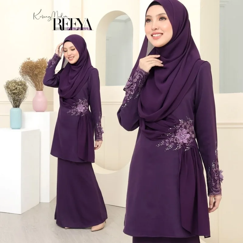 FULL SET FAMILY BAJU KURUNG MODEN | BAJU KURUNG LACE| DARK PURPLE REEYA RAYA 2023 by MOFF2U thumbnail 3
