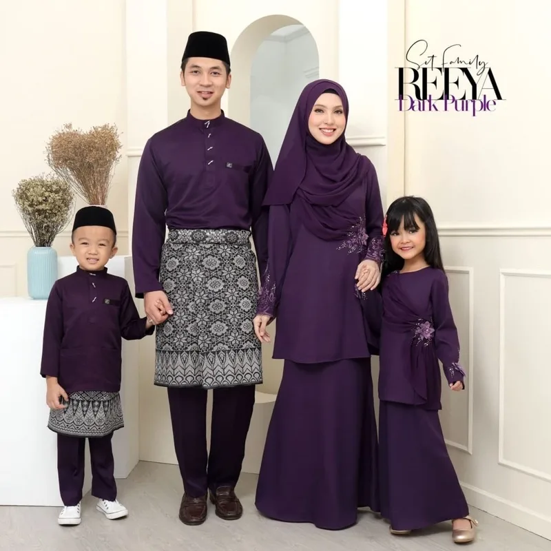 FULL SET FAMILY BAJU KURUNG MODEN | BAJU KURUNG LACE| DARK PURPLE REEYA RAYA 2023 by MOFF2U