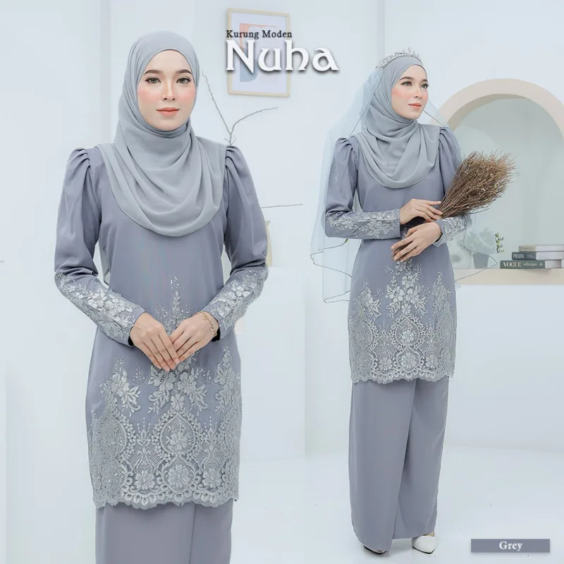 BAJU KURUNG MODEN Bridal Set NUHA In GREY | Full set 7 Item | Tunang | Nikah | BAJU KURUNG LACEBY MOFF2U thumbnail 2