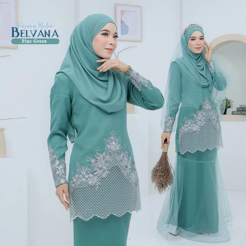 BAJU KURUNG MODEN Bridal Set Belvana In PINE GREEN | Full set 7 Item | Tunang | Nikah | BAJU KURUNG LACEBY MOFF2U thumbnail 2