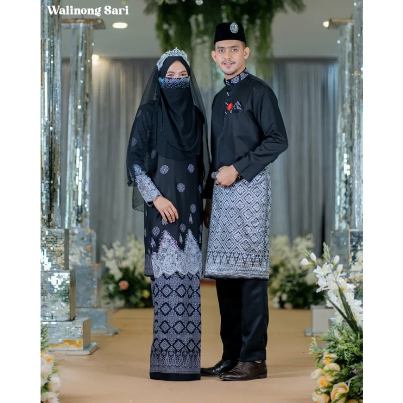 BAJU KURUNG SONGKET | BAJU KURUNG Bridal Set Walinong Sari In Black | Full set 6 Item | Tunang | Nikah BY MOFF2U