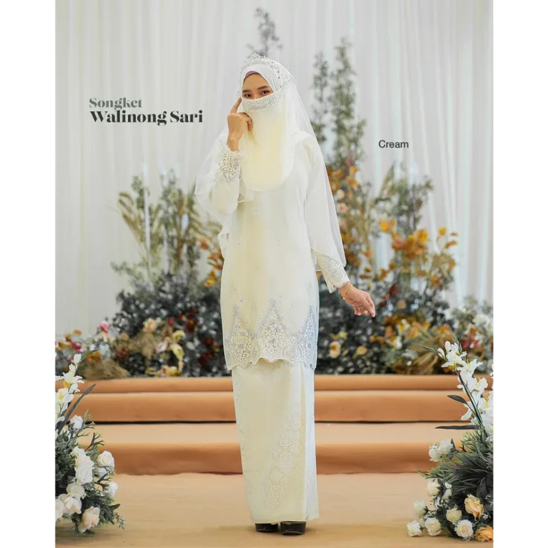 MOFF Bridal Set BAJU KURUNG Walinong Sari In Cream | Nikah Kahwin |Tunang | Full set Kurung Moden SONGKET thumbnail 2