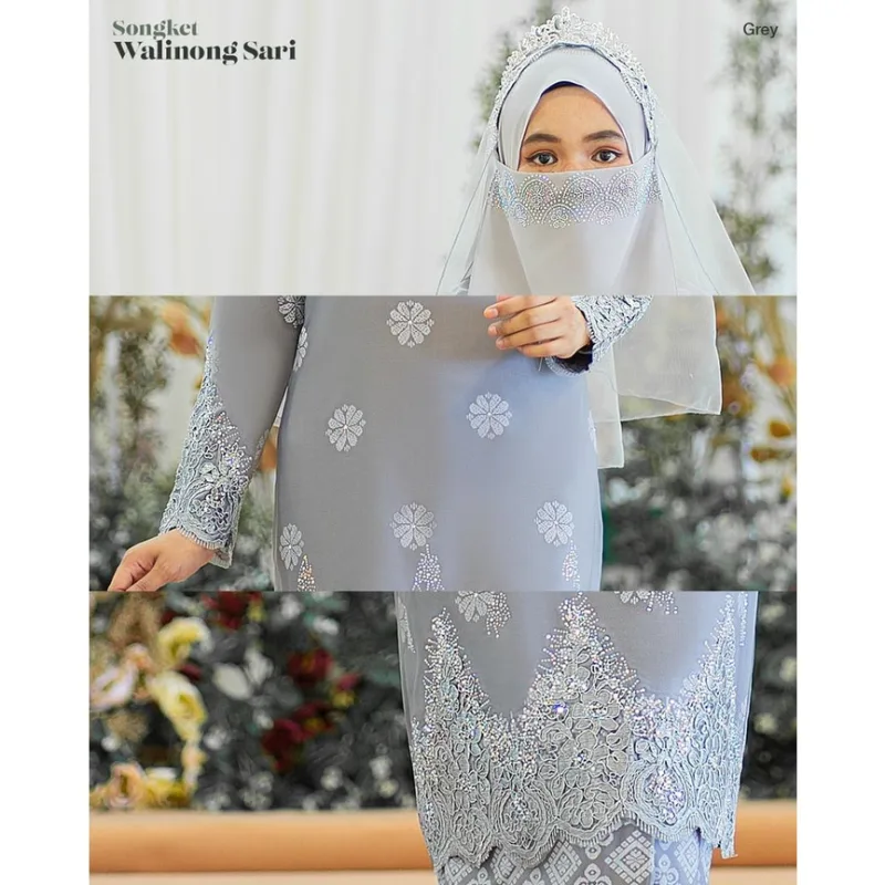 MOFF Bridal Set BAJU KURUNG Walinong Sari in Grey | Nikah Kahwin |Tunang | Full set BAJU Kurung Moden SONGKET thumbnail 4