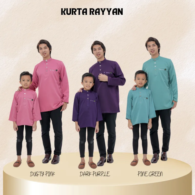 Baju Kurta Rayyan | BAJU KURTA Moden Ayah Dan Anak | Dusty Pink - Dark Purple - Pine Green by moff2u