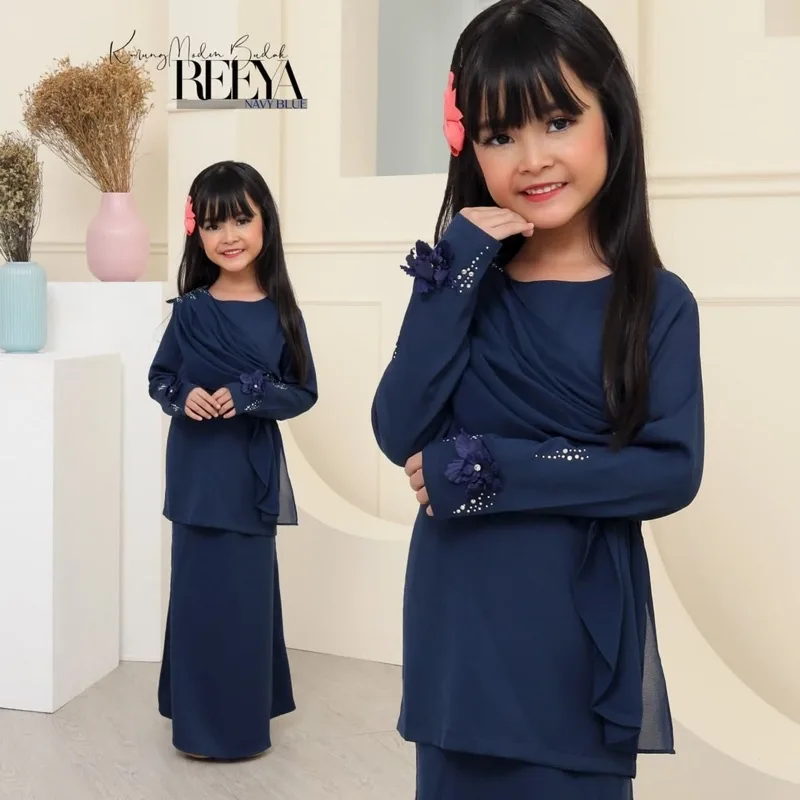 SET FAMILY BAJU Kurung Reeya In Navy Blue BAJU MELAYU KIDS DADDY RAYA2022 by moff2u thumbnail 3