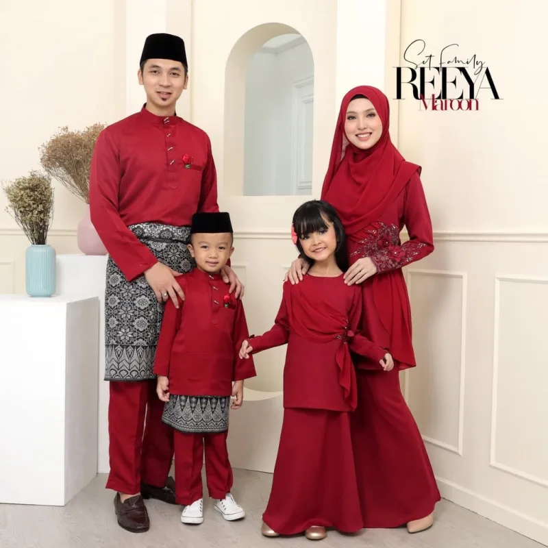 SET FAMILY BAJU KURUNG REEYA BAJU MELAYU WARNA MAROON RAYA 2023 | BAJU KURUNG LACE BY MOFF2u
