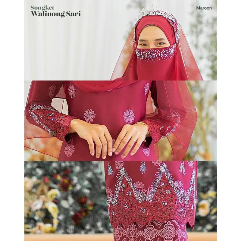 MOFF Bridal Set BAJU KURUNG SONGKET | KURUNG Walinong Sari In Maroon | Nikah Kahwin |Tunang | Full set Kurung Moden thumbnail 4