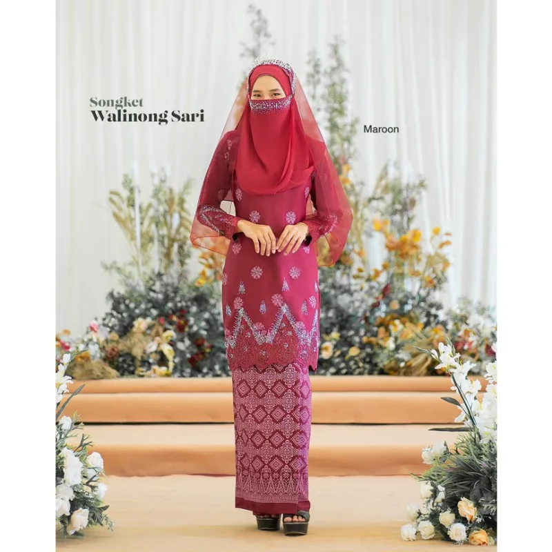 MOFF Bridal Set BAJU KURUNG SONGKET | KURUNG Walinong Sari In Maroon | Nikah Kahwin |Tunang | Full set Kurung Moden thumbnail 2