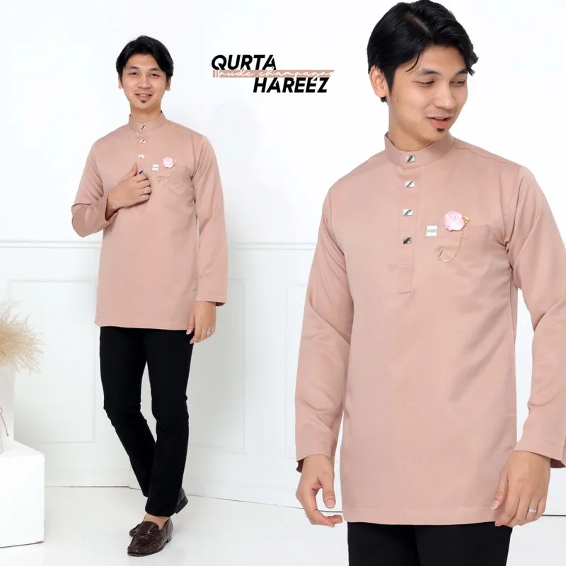 MOFF BAJU Kurta Hareez In Nude Champagne | BAJU KURTA Slim Fit Raya 2024 thumbnail 3