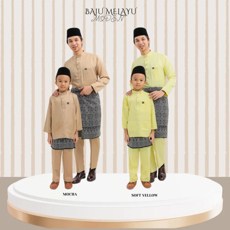 MOFF Kids & Dad BAJU Melayu Moden In Soft Yellow | Mocha | BAJU MELAYU DEWASA | BAJU MELAYU BUDAK