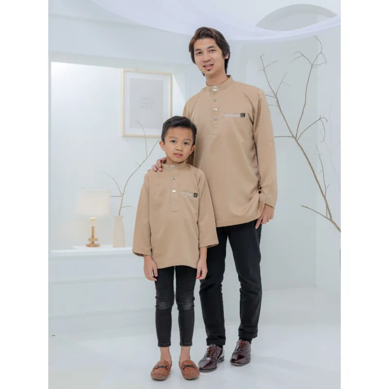 Baju Kurta Rayyan | Mocha - Teal Blue - Cream | baju kurta moden | baju kurta Dewasa | Baju kurta Budak by moff2u thumbnail 3
