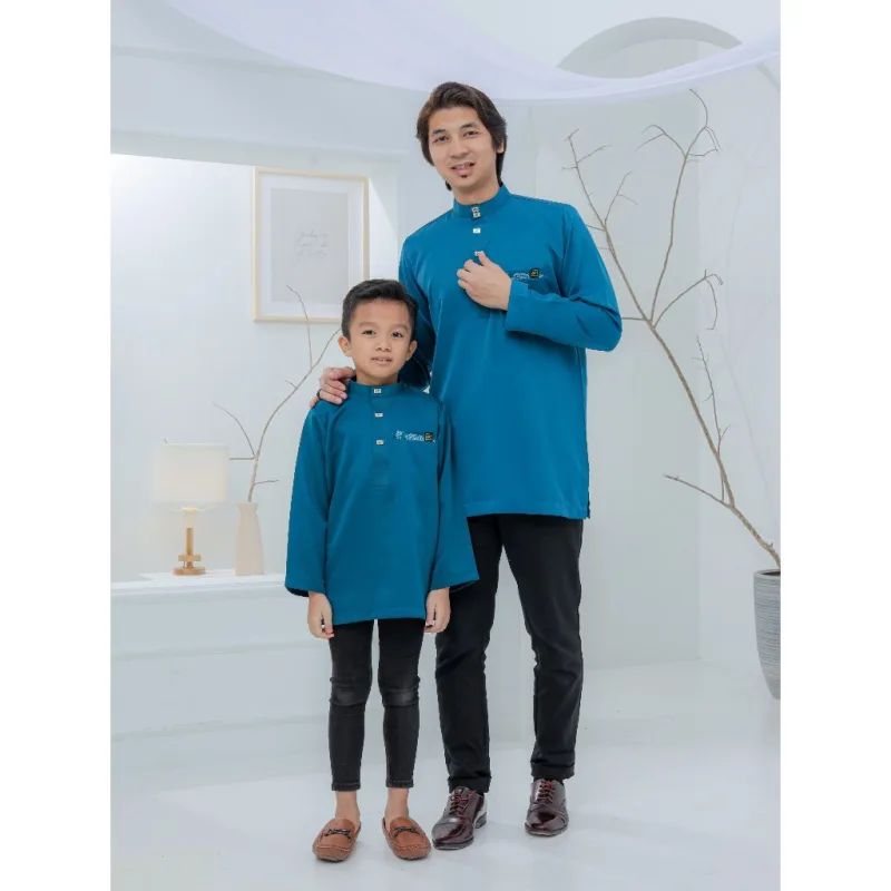 Baju Kurta Rayyan | Mocha - Teal Blue - Cream | baju kurta moden | baju kurta Dewasa | Baju kurta Budak by moff2u thumbnail 2