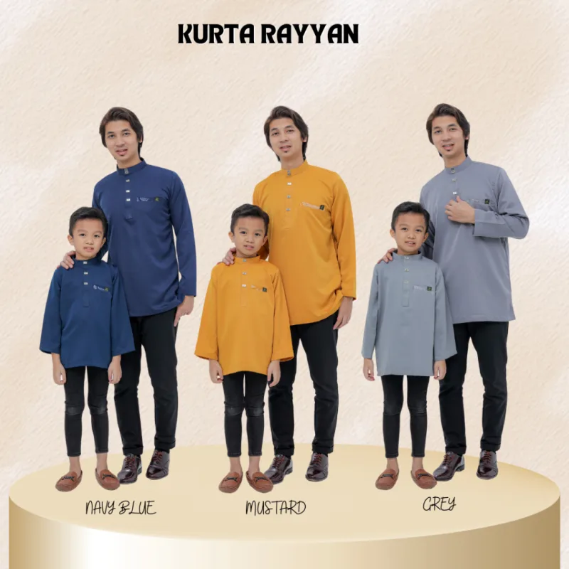 Baju Kurta Rayyan Moden Ayah Dan Anak | Grey - Mustard - Navy Blue | baju kurta dewasa |baju kurta budak by moff2u